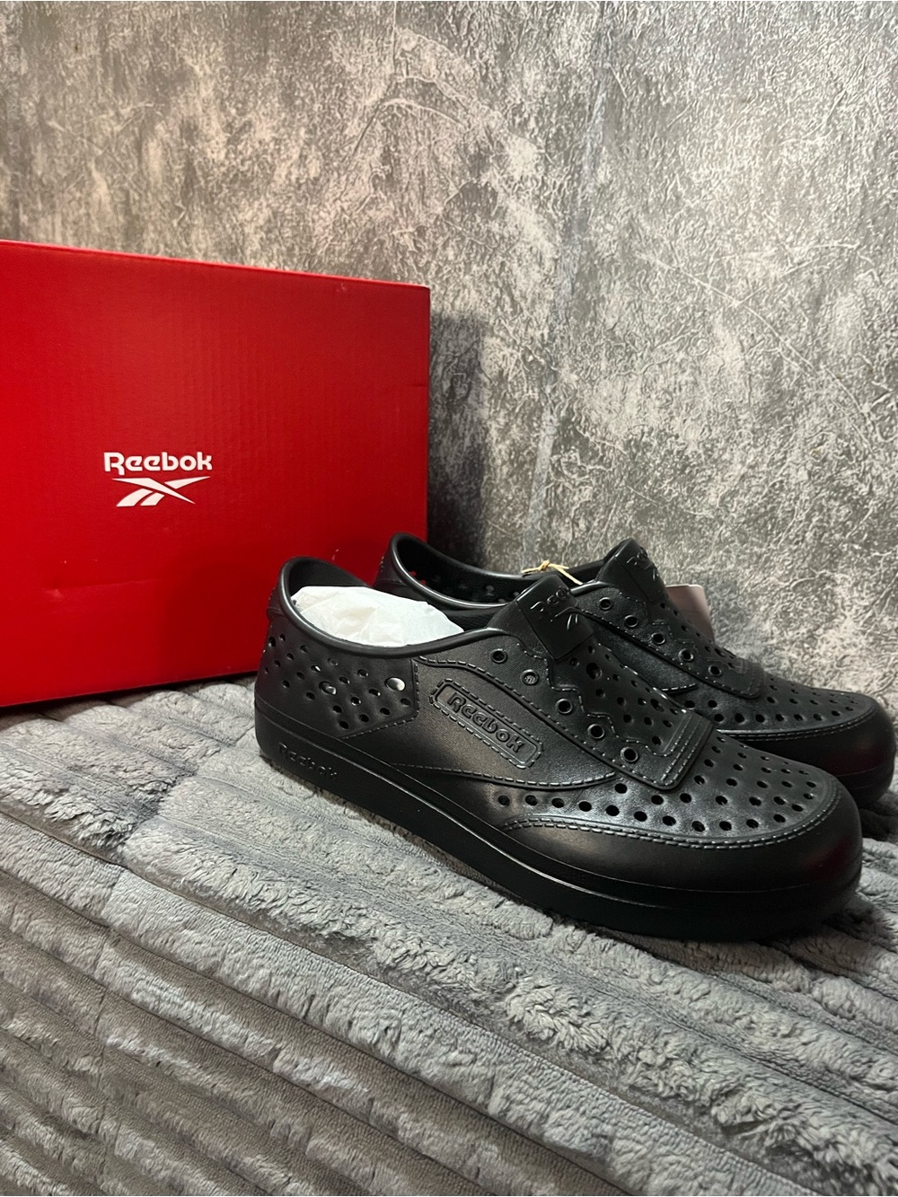 Reebok Unisex Black Perforated Rubber croc-like shoe